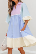 Multicolour Striped Patchwork Ric Rac Puff Sleeve Collared Mini Dress