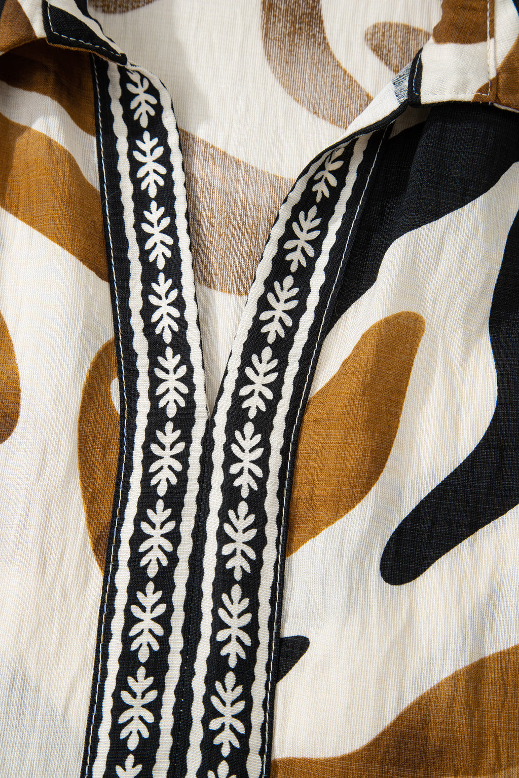 Brown Tropical Printed Contrast Trim Neck Long Sleeve Ruffle Hem Dress