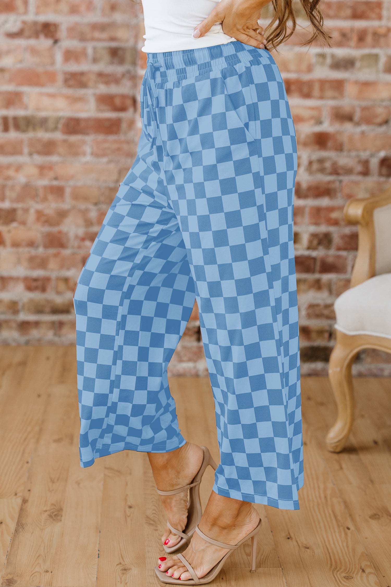 Sky Blue Checkered Elastic High Waist Loose Casual Pants