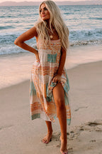Multicolor Boho Patchwork Print Square Neck Sundress