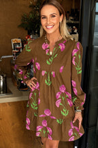 Brown Contrast Floral Print Babydoll Tunic Ruffled Hem Puff Sleeve Dress