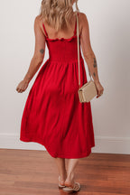 Racing Red Textured Shirred Ruffled Trim Spaghetti Strap Midi Dress