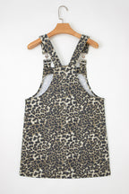 Gray Leopard Print Pocketed Loose Fit Denim Overall Dress