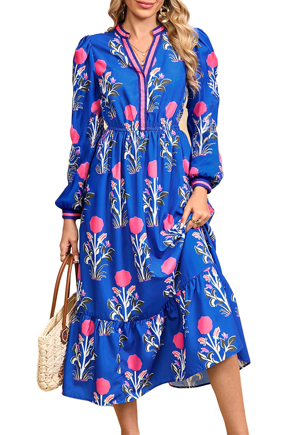 Blue Floral Print Striped Trim Split Neck Long Sleeve Ruffle Hem Midi Dress
