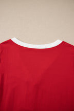 Fiery Red Contrast Trim Button V Neck Ribbon Bow Knot Waist 2pcs Lounge Pant Set