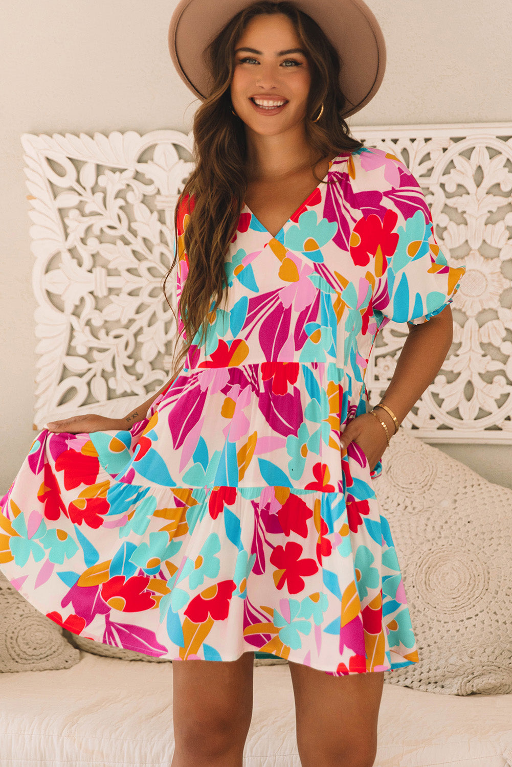 Rose Red Floral Bubble Sleeve V Neck Tiered Ruffle Babydoll Dress