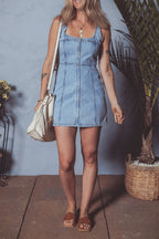 Beau Blue Seamed Zipper Square Neck Sleeveless Denim Mini Dress