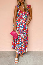 Red Boho Floral Ruffled Strap V Neck Maxi Dress