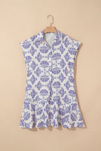 Sky Blue Printed Shirt Collar Half Button A-line Mini Dress