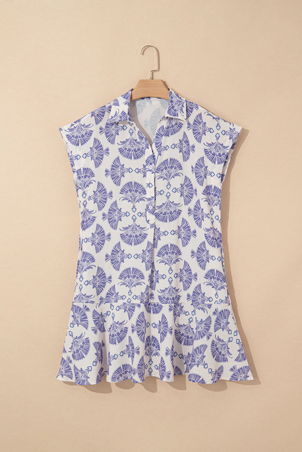 Sky Blue Printed Shirt Collar Half Button A-line Mini Dress