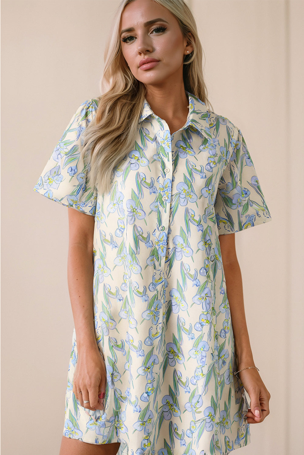 Green Floral Print Shirtcollar Buttoned Short Sleeve Shift Dress