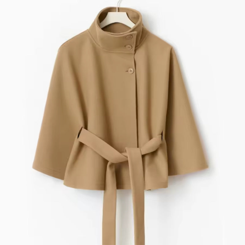 Elegant High Neck Batwing Sleeve Coat With Belt