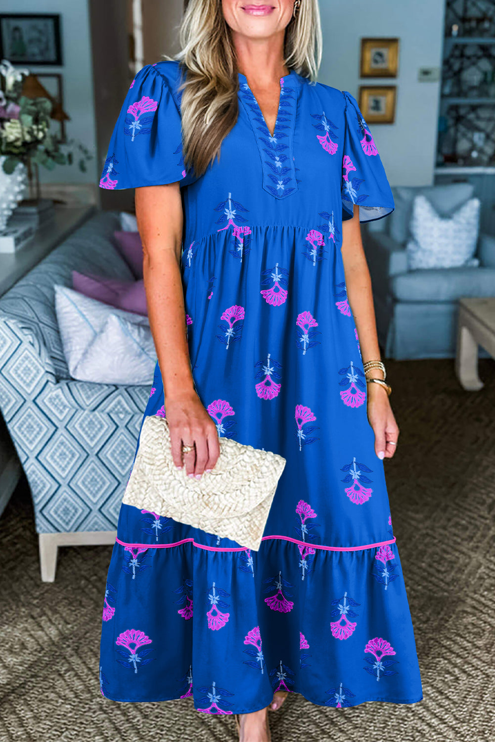 Blue Floral Print Notched Neck Butterfly Sleeve Shift Long Dress