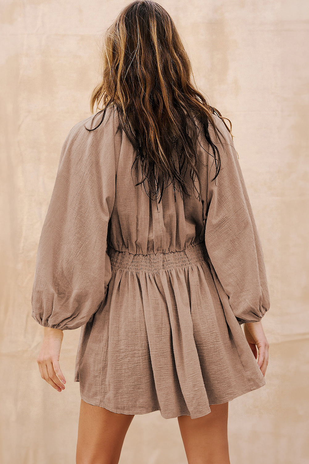 Smoke Gray Deep V Neck Bubble Sleeve Smocked Mini Dress