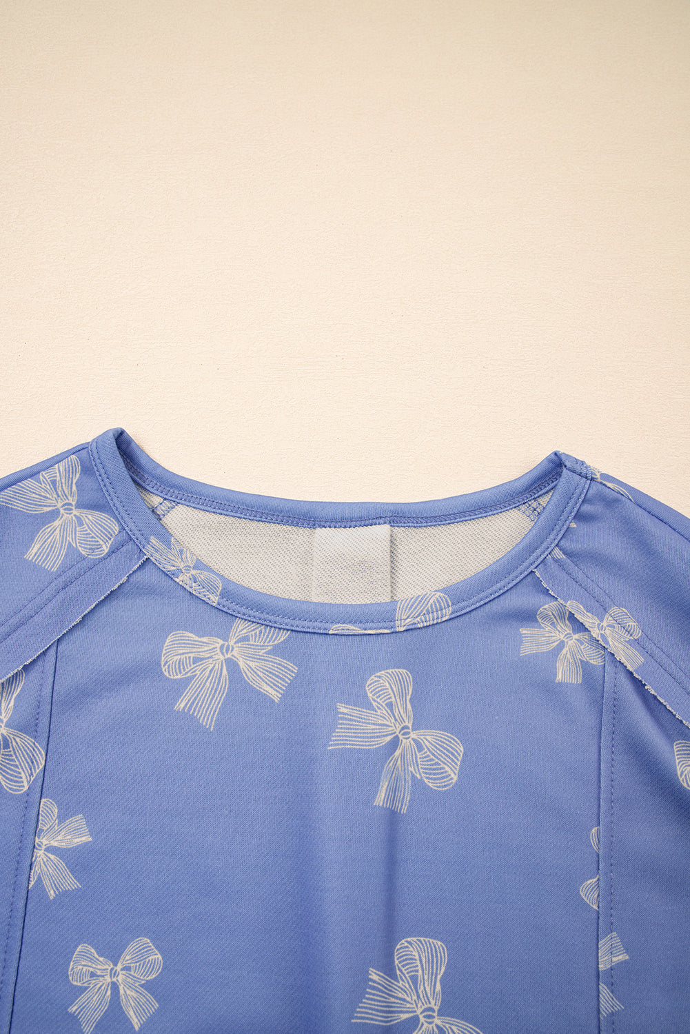 Sky Blue Bow Knot Print Crewneck Ruffled Sleeve Shift Mini Dress