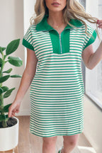 Green Stripe Quarter Zip Polo Collar T Shirt Dress with Pockets