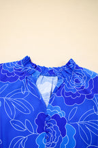 Blue Floral Ruffled Hem V Neck Short Sleeve Flowy Mini Dress