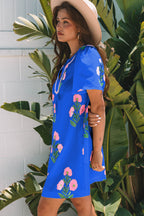 Apricot Floral Short Sleeve Split Neck Loose Mini Dress