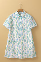 Green Floral Print Shirtcollar Buttoned Short Sleeve Shift Dress