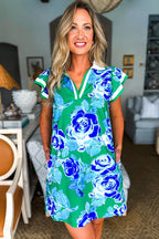 Bright Green Contrast Floral Print Collared V Neckline Ruffled Cap Sleeve Shift Dress with Pockets