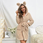 Plush Loungewear Robe Hooded Sleepwear With Drawstring