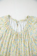 Green Floral Half Sleeve Frilled U Neck A-line Short Dress