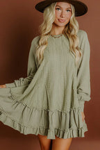 Laurel Green Jacquard Frilled Ruffled Long Sleeve Mini Dress