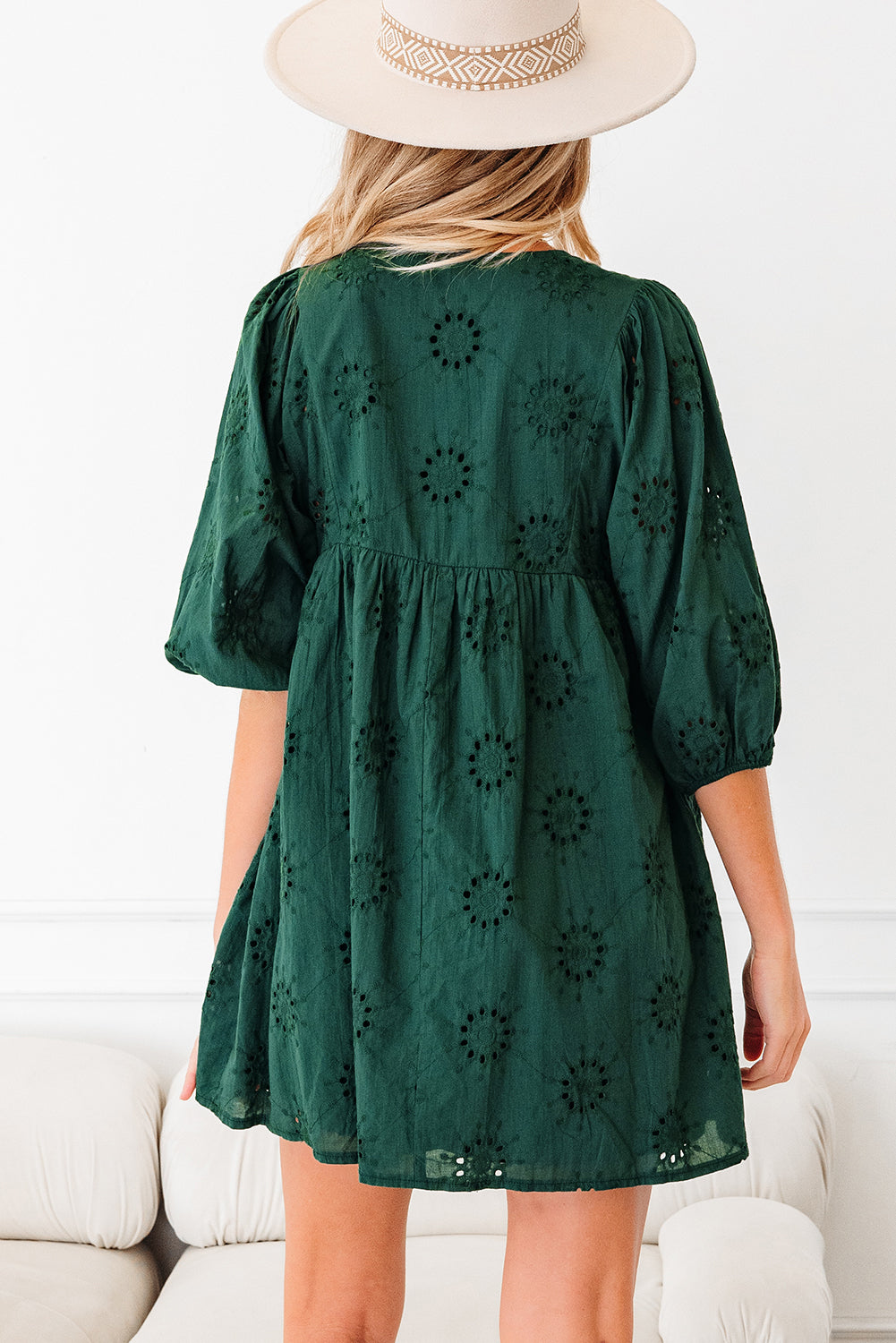 Blackish Green Embroidered Eyelet Pattern 3/4 Puffy Sleeve Swing Mini Dress