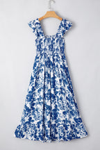 Blue Floral Ruffle Strap Square Neck Smocked Bodice Midi Dress