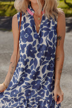 Blue Floral Sleeveless Colorblock Notched V Neck Mini Dress