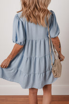 Beau Blue Shirt Collar Button Up Short Puff Sleeve Tiered Shift Dress
