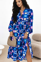 Blue Floral Peasant Sleeve Tiered Ruffle Midi Dress