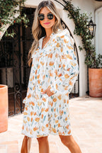 Yellow Floral Print Tie Neck Frilled Detail Long Sleeve Mini Dress