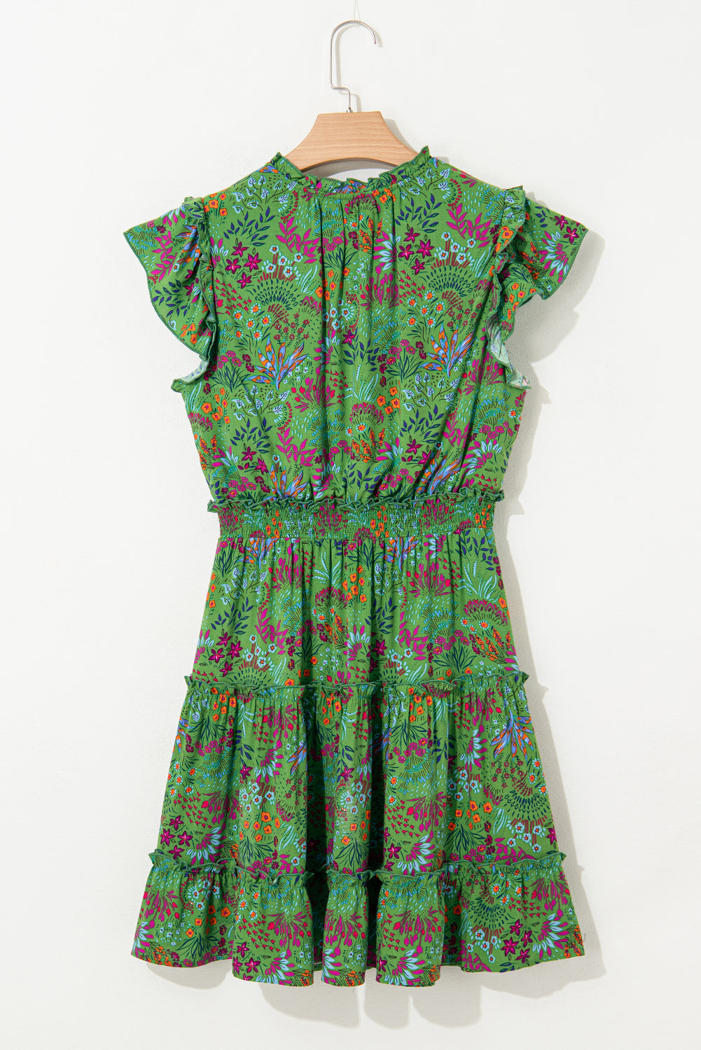 Green Floral Tie Split Neck Frilly Ruffle Trim Tiered Short Dress