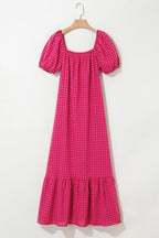 Rose Ginham Check Bubble Sleeve Ruffled Maxi Dress