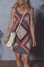 Red Geometric Paisley Print Sleeveless Shift Mini Dress