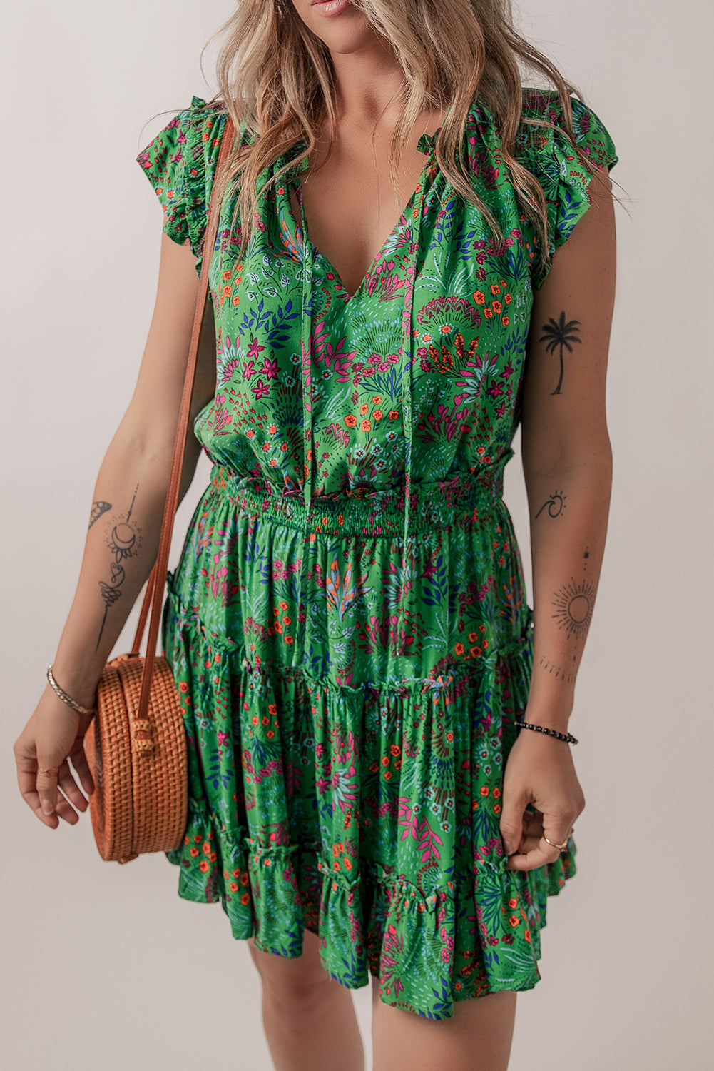 Green Floral Tie Split Neck Frilly Ruffle Trim Tiered Short Dress