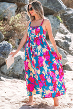 Dark Blue Floral High Waist Sleeveless Flared Long Dress