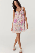 Multicolour Floral Print Fringed Tie U Neck Sleeveless Mini Dress