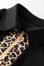 Black Leopard Patchwork Zip Collared Short Puff Sleeve Shift Mini Dress