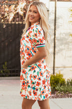 Orange Contrast Trim Floral Split Neck Puff Short Sleeve Tiered Mini Dress