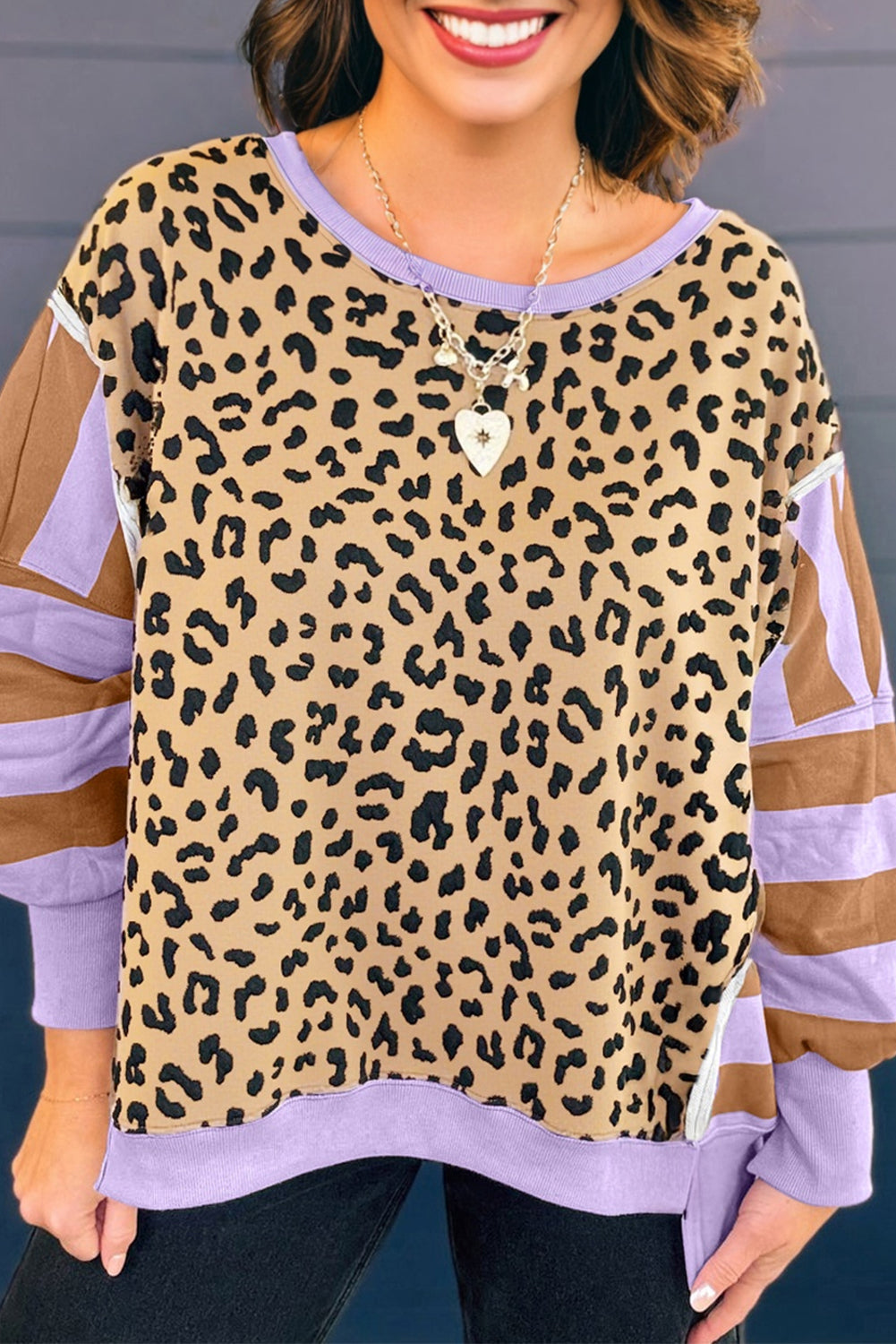 Khaki Leopard Striped Patchwork Plus Size Loose Sweatshirt