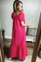 Rose Ginham Check Bubble Sleeve Ruffled Maxi Dress