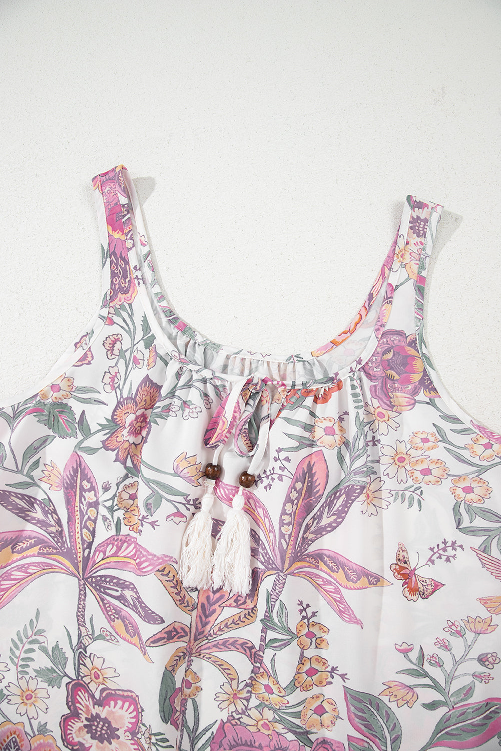 Multicolour Floral Print Fringed Tie U Neck Sleeveless Mini Dress