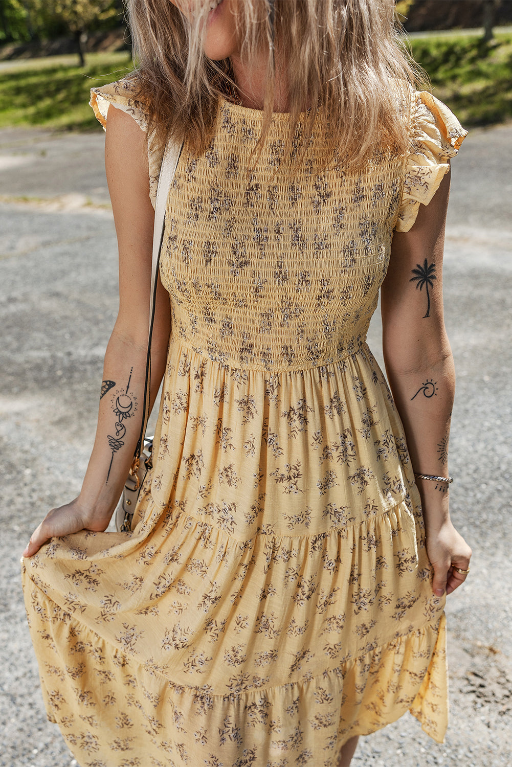 Yellow Boho Floral Print Ruffle Smocked Flowy Summer Dress