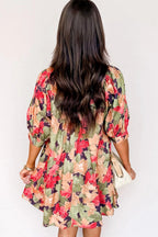 Green Floral Print Frilled Collar V Neck Half Sleeve Mini Dress