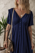 Navy Blue V Neck Buttoned Front Shirred Back Short Sleeve Midi Dress