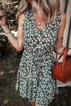 Green Boho Floral Print V Neck Tunic Sleeveless Dress