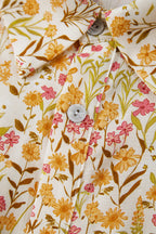 Yellow Floral Print Frilly Trim Smocked Cuff Long Sleeve Loose Shirt Dress