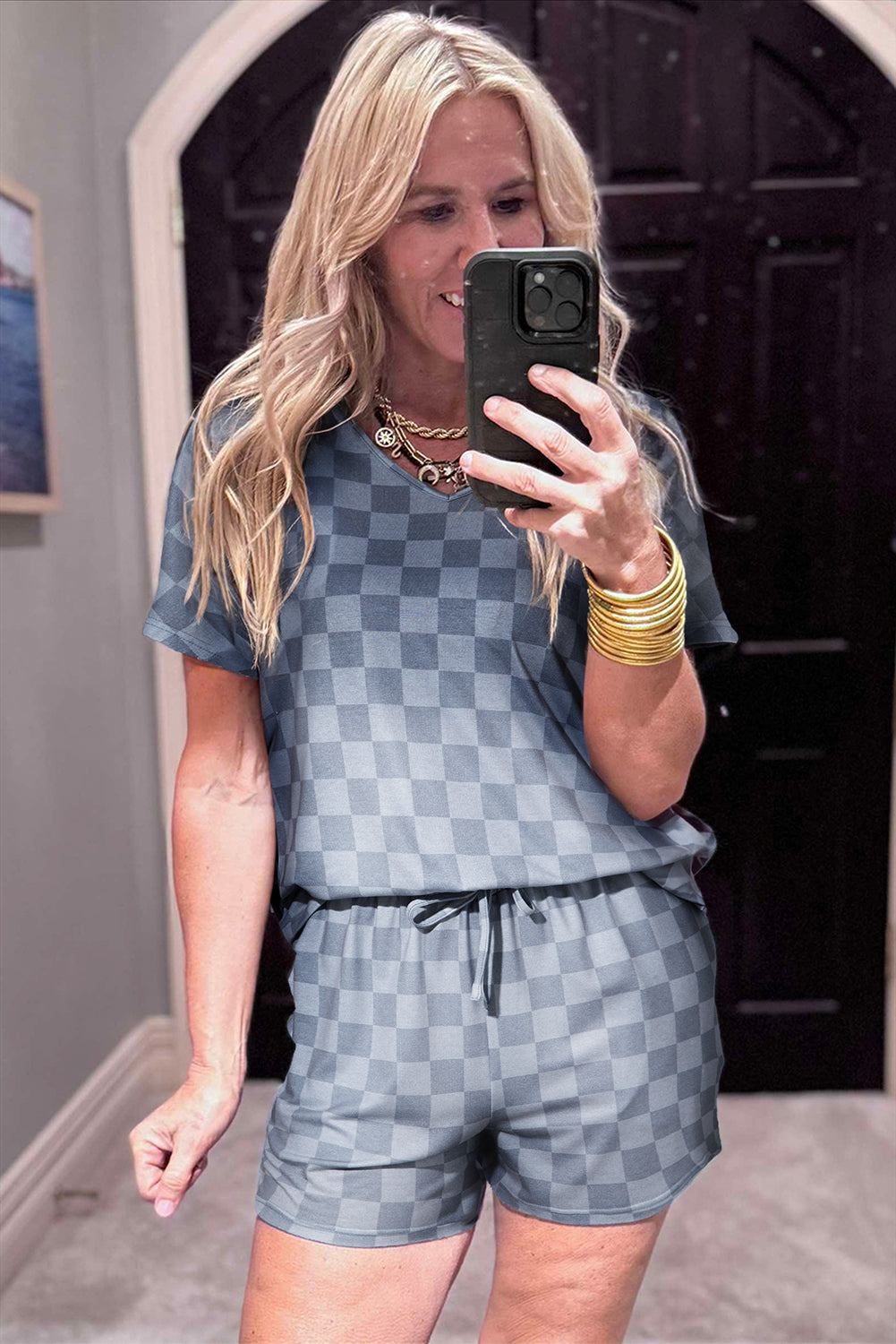 Gray Checkered V Neck Tee Drawstring Shorts Lounge Set